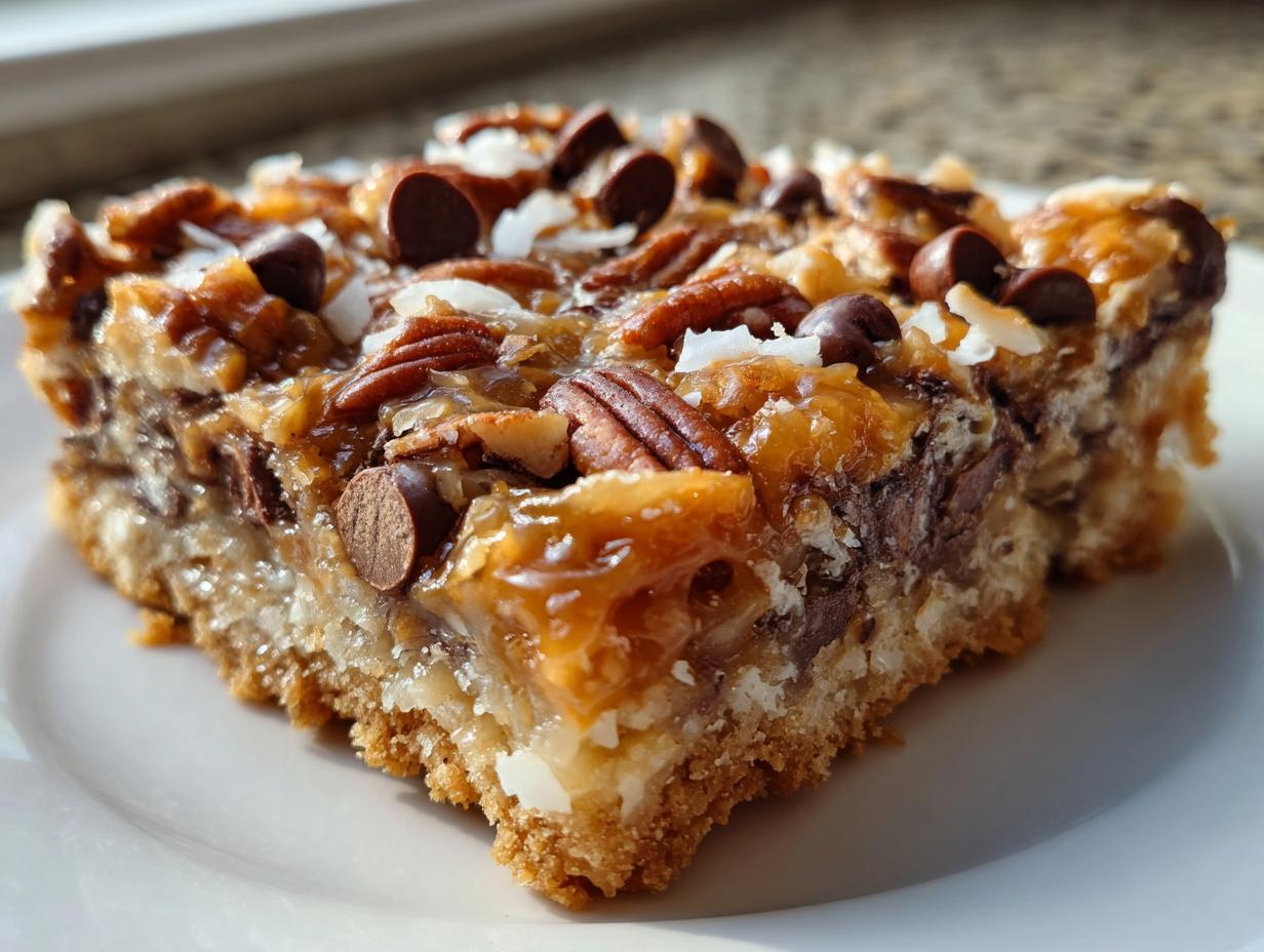 A close-up of a rich, gooey slice of magic cookie bars topped with pecans, chocolate chips, and coconut.