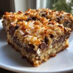 Close-up of a rich, gooey magic cookie bars square topped with toasted coconut and chocolate chips.