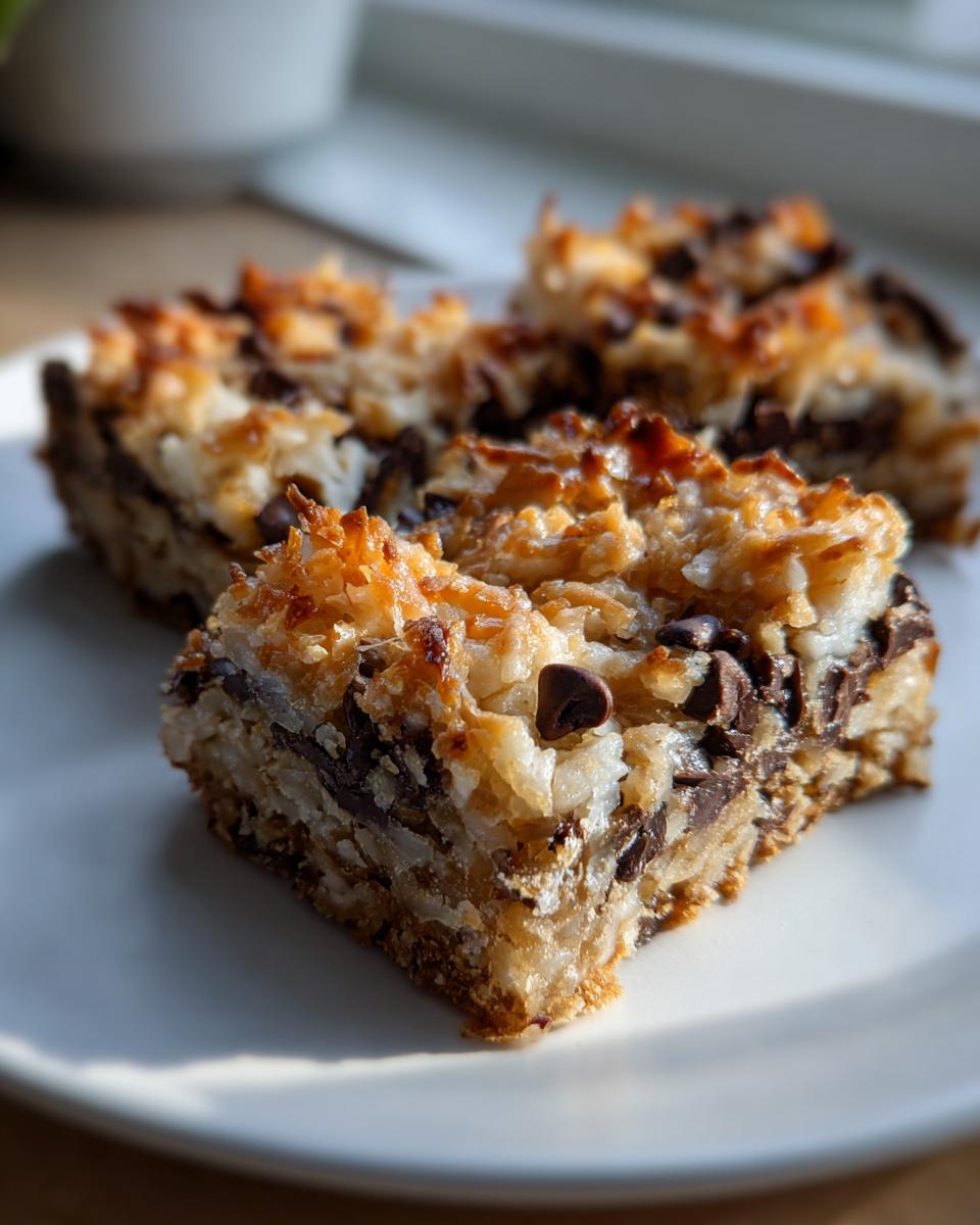 Close-up of gooey magic cookie bars featuring toasted coconut, chocolate chips, and a graham cracker crust.