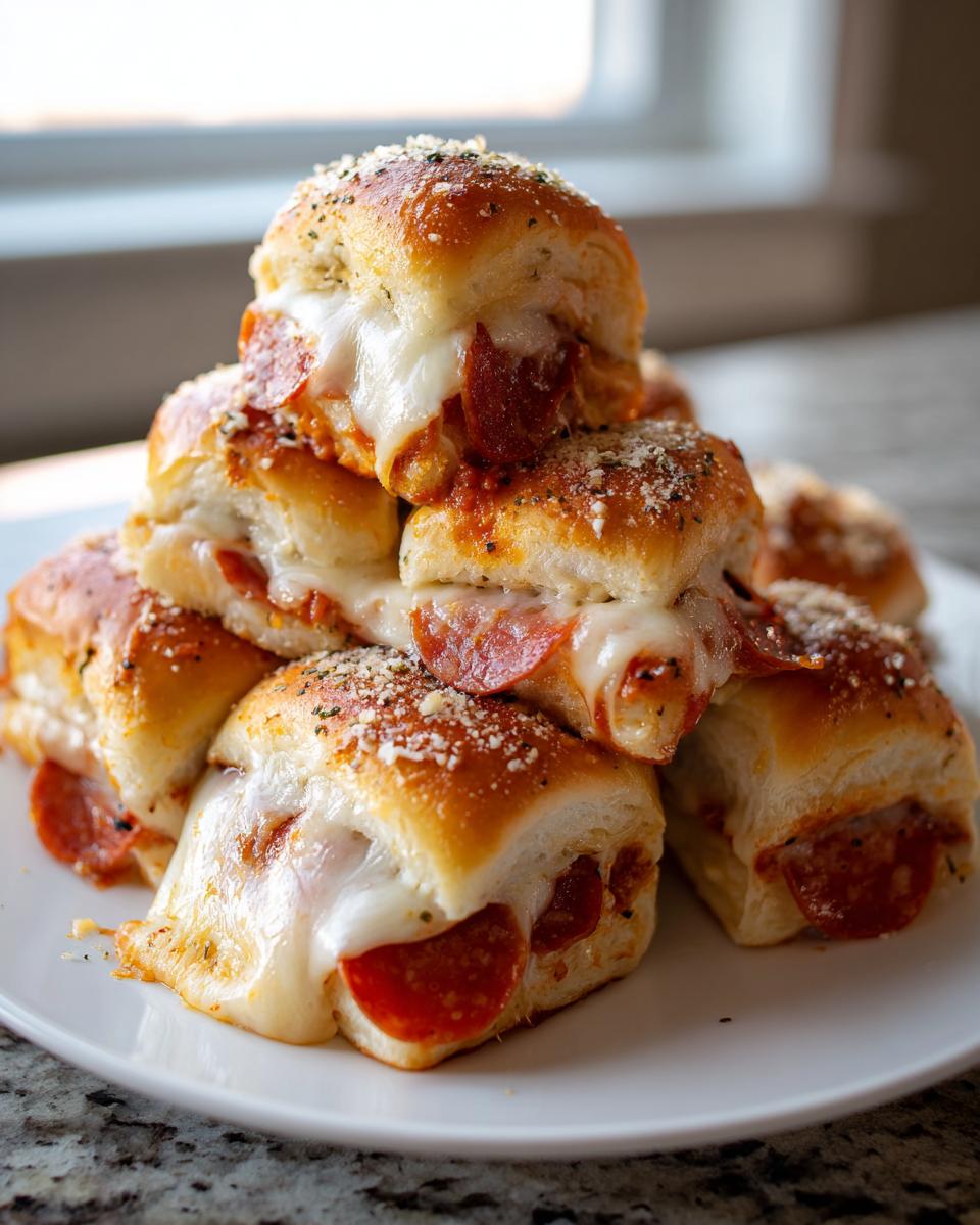 A stack of gooey, cheesy pepperoni pizza sliders topped with seasoning on a white plate.