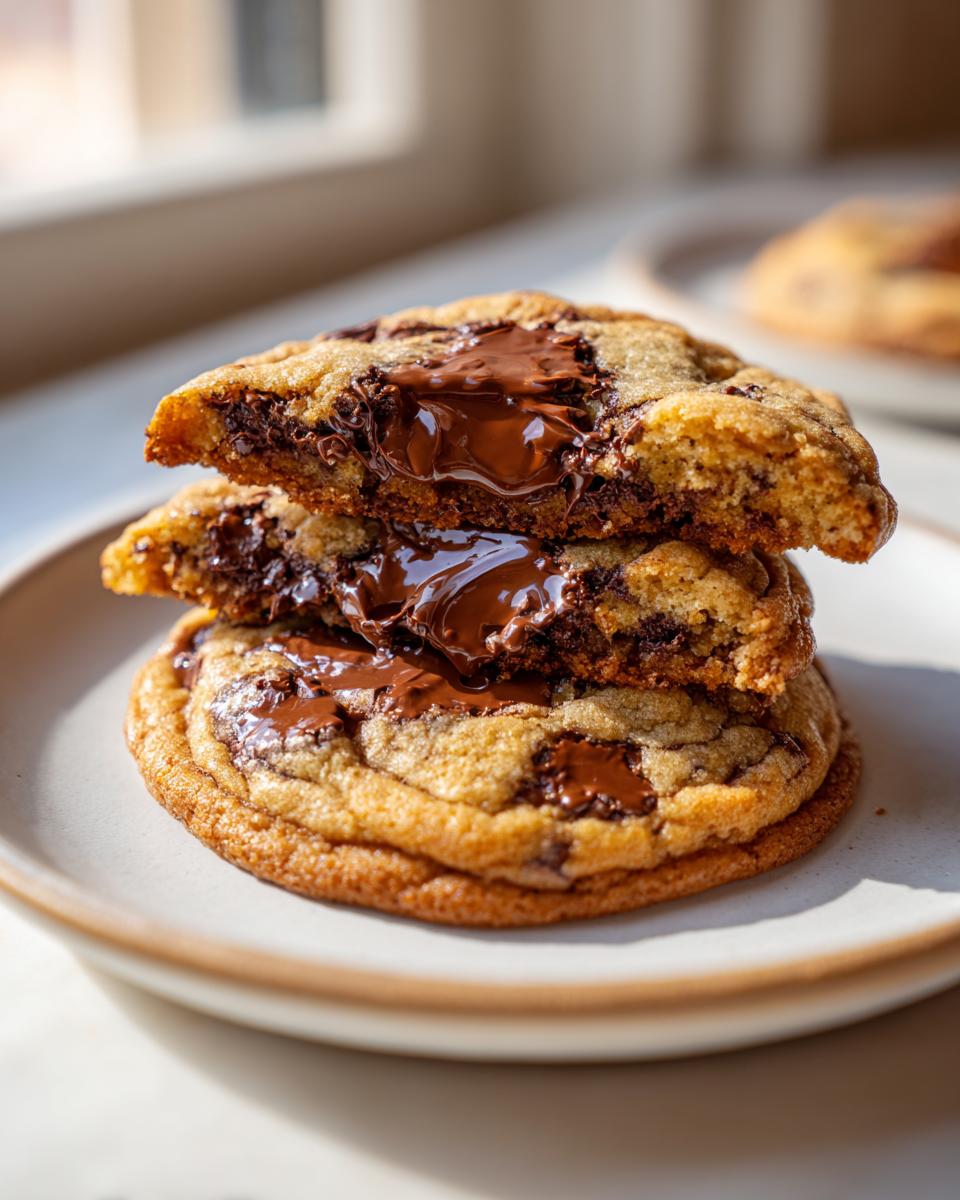 A stack of three sourdough chocolate chip cookies, with the top two broken open revealing gooey, melted chocolate centers.