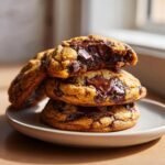A stack of three gooey sourdough chocolate chip cookies with melted chocolate centers.