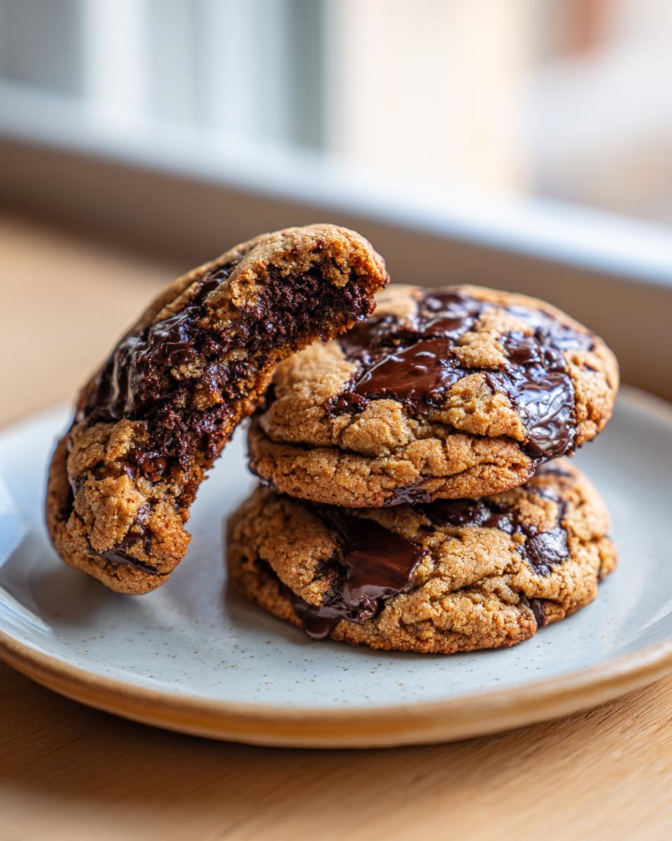 A stack of three gooey sourdough chocolate chip cookies, one broken open to show the melted center.