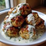 A stack of golden brown greek chicken meatballs generously topped with a creamy white sauce and fresh herbs.