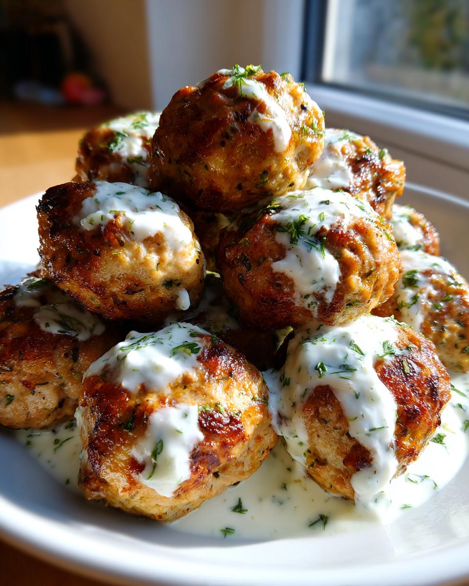 A stack of golden brown greek chicken meatballs generously drizzled with white yogurt sauce and fresh herbs.