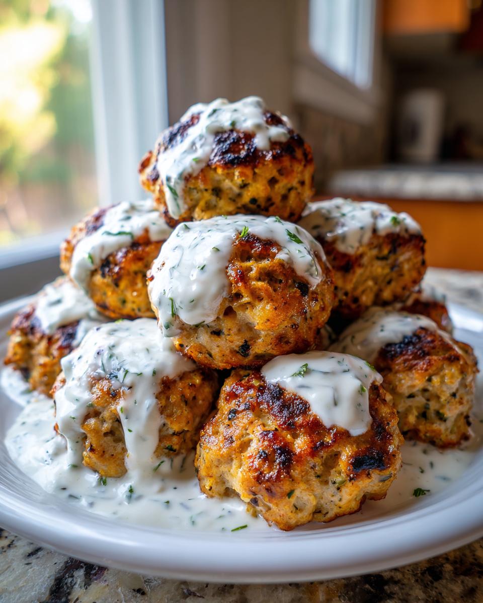 A stack of golden-brown greek chicken meatballs generously topped with creamy, herb-flecked tzatziki sauce.