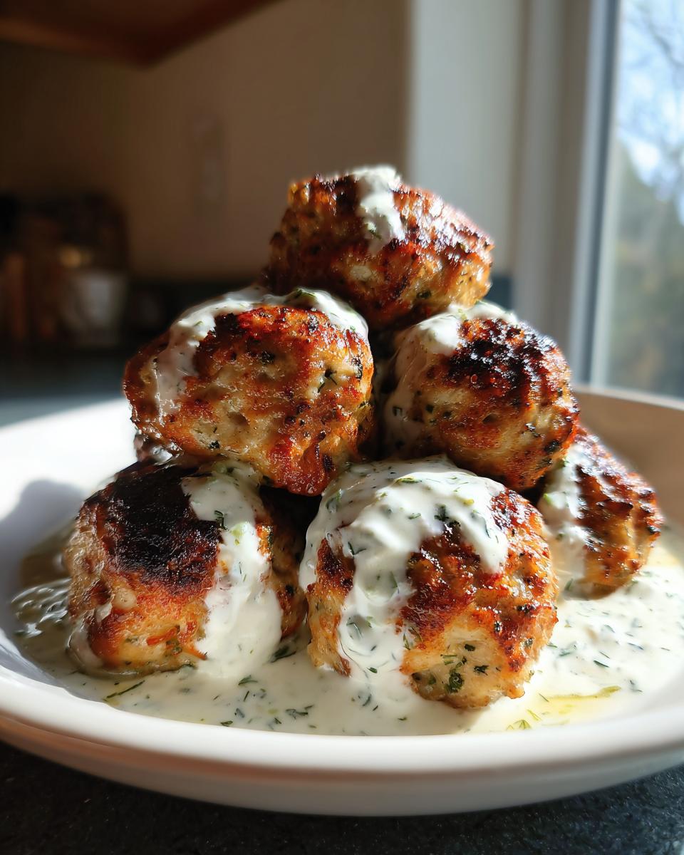 Stack of golden brown greek chicken meatballs generously drizzled with creamy dill tzatziki sauce.