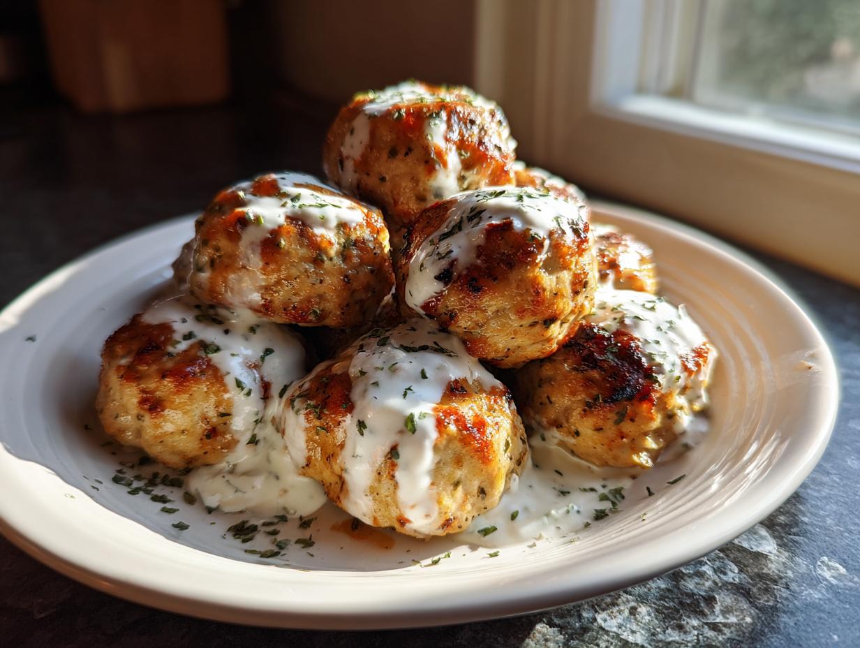 A stack of golden brown greek chicken meatballs drizzled with white sauce and sprinkled with herbs on a white plate.