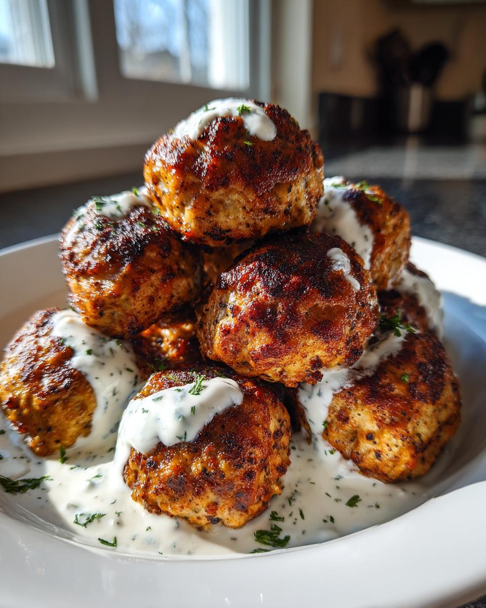 A stack of browned greek chicken meatballs generously topped with white tzatziki sauce and fresh herbs.