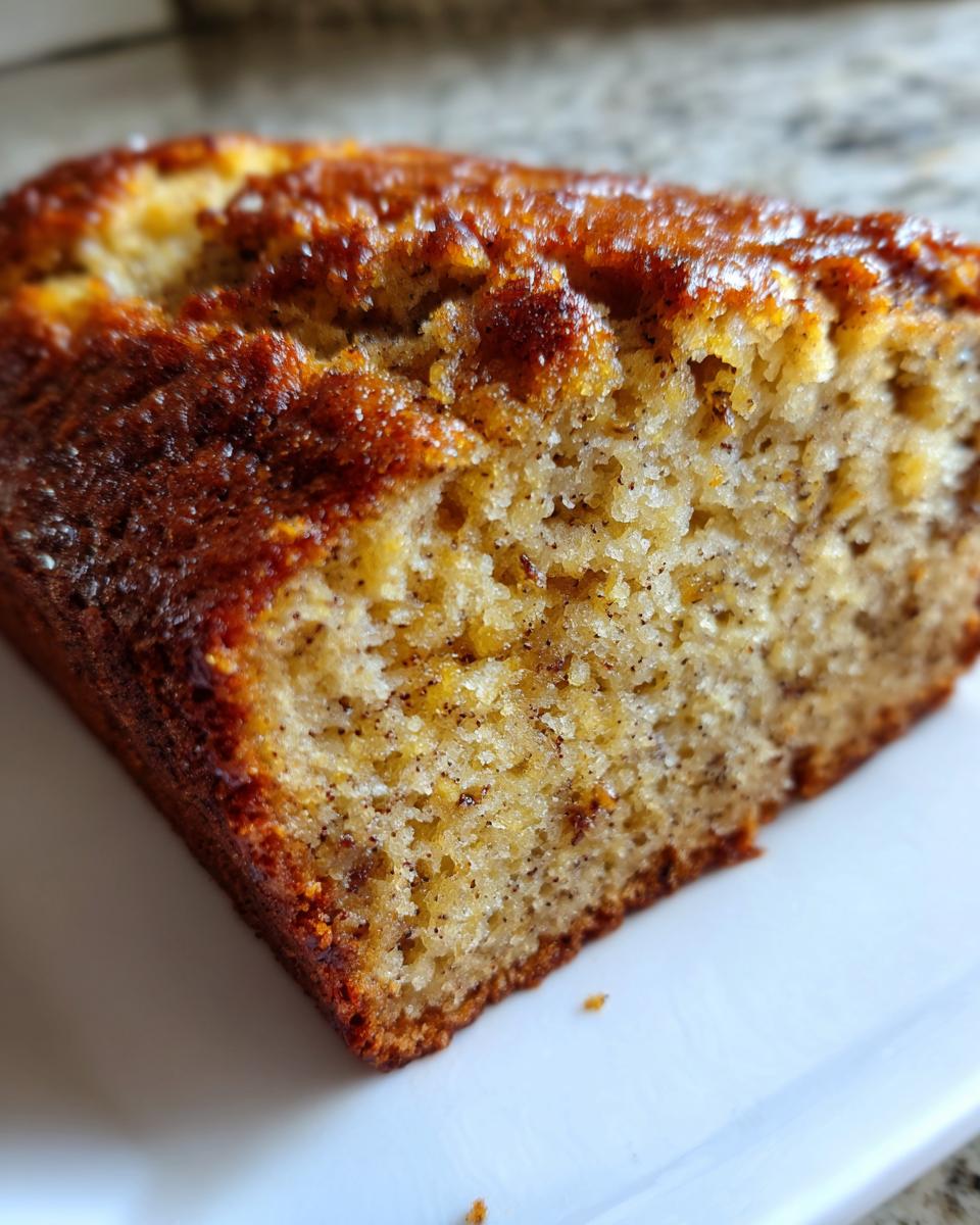 Close-up of a slice of greek yogurt banana bread showing its moist, speckled crumb and caramelized top crust.