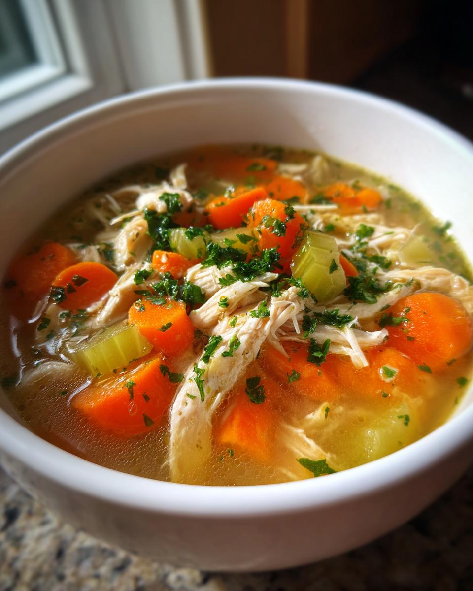 A close-up shot of a white bowl filled with hearty chicken vegetable soup, featuring shredded chicken, bright carrots, celery, and fresh parsley.