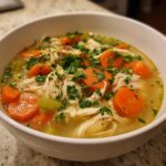 Close-up of a bowl of hearty chicken vegetable soup with shredded chicken, bright orange carrots, and fresh parsley.
