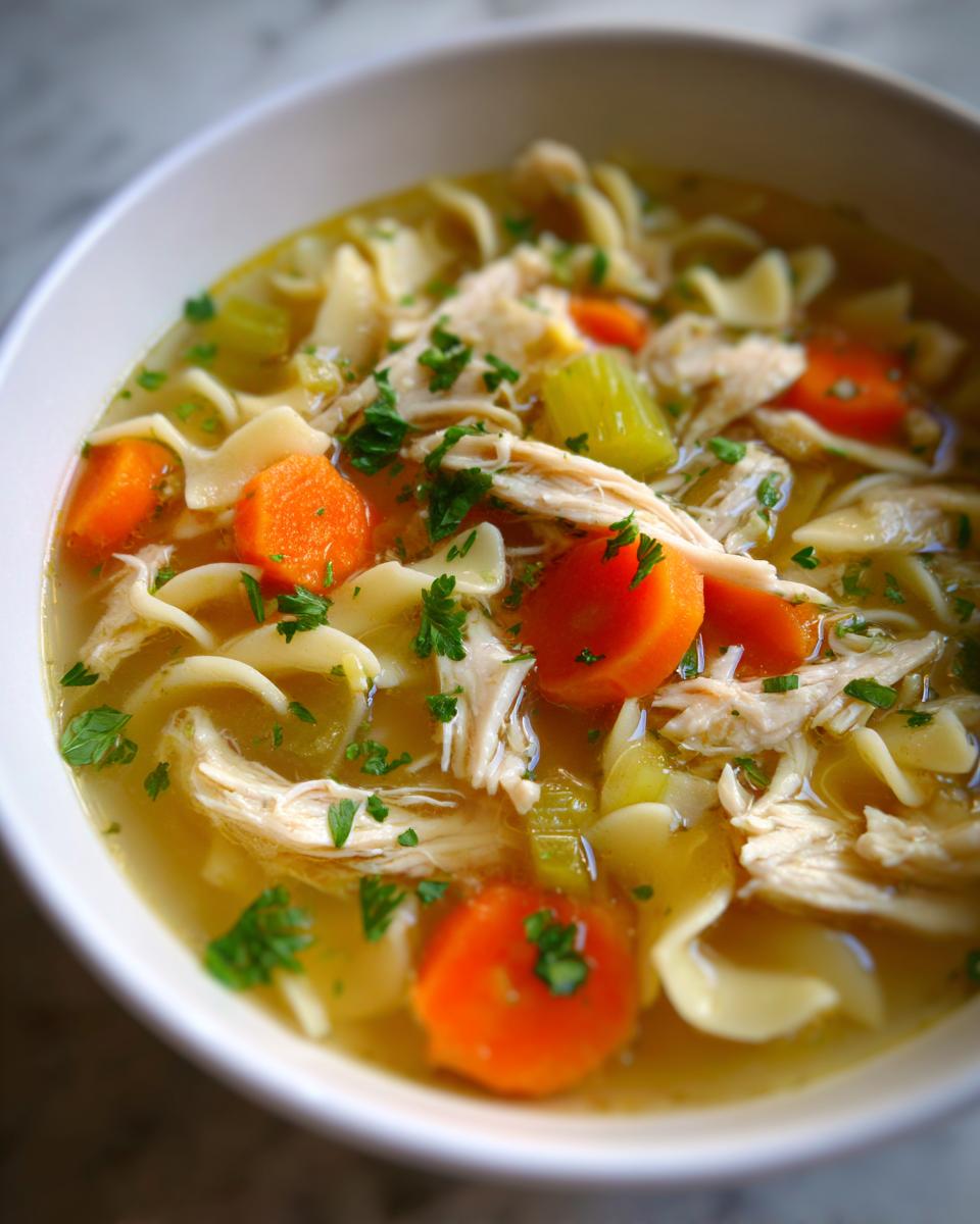 Close-up of a bowl of hearty chicken vegetable soup featuring shredded chicken, egg noodles, bright orange carrots, and parsley.
