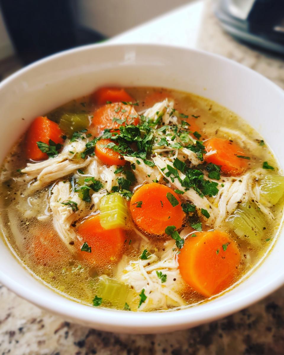 Close-up of a white bowl filled with hearty chicken vegetable soup, featuring shredded chicken, bright orange carrots, celery, and fresh parsley.