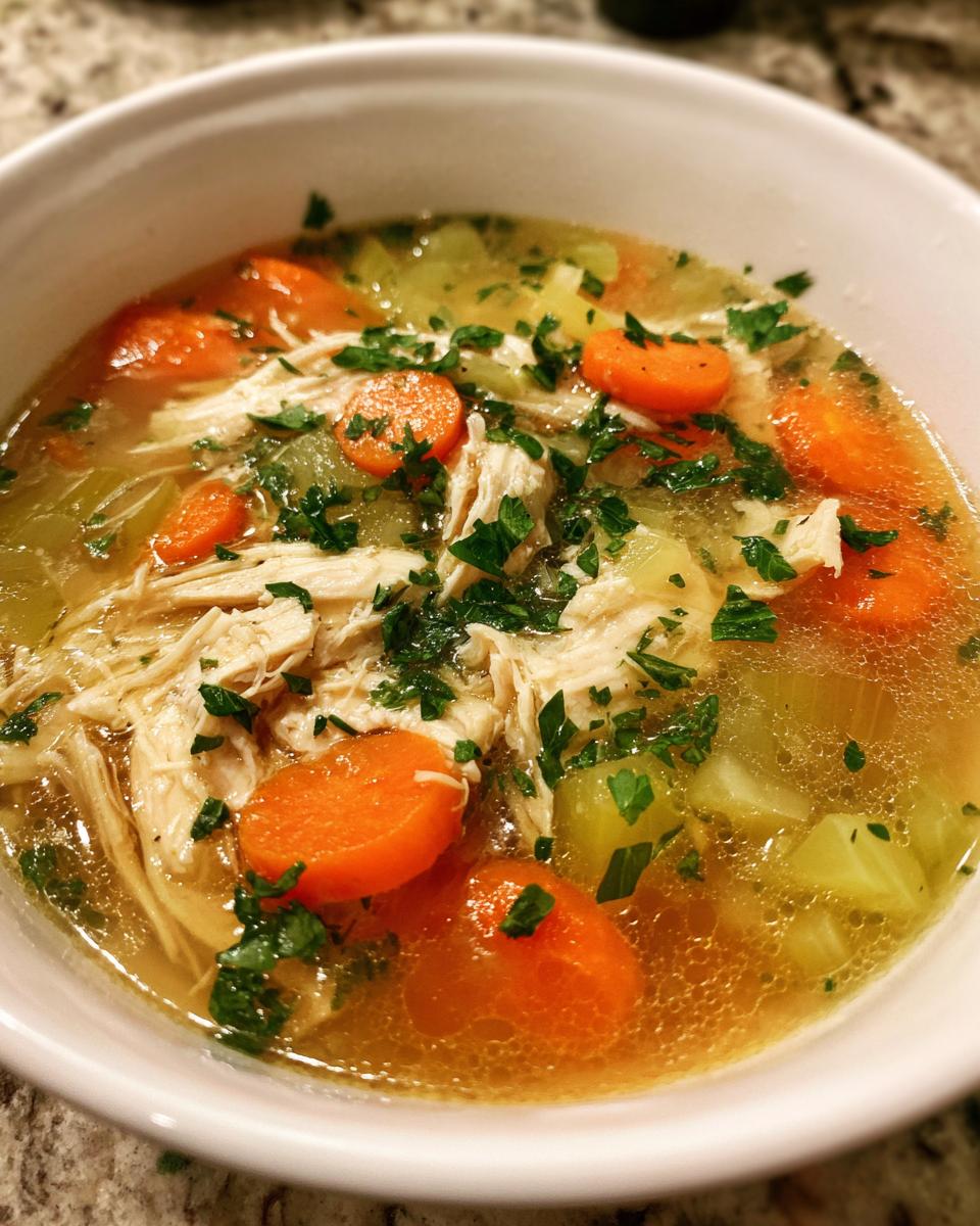 A close-up view of a white bowl filled with steaming chicken vegetable soup, featuring shredded chicken, bright carrots, and celery.