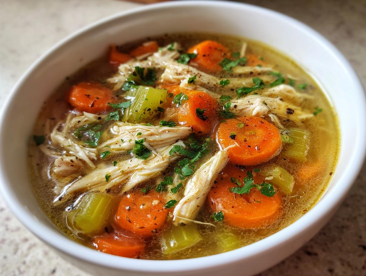 Close-up of hearty chicken vegetable soup featuring shredded chicken, bright orange carrots, and celery in a rich broth.