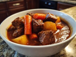 A close-up of a white bowl filled with rich, savory crockpot beef stew featuring tender beef chunks, carrots, and potatoes.
