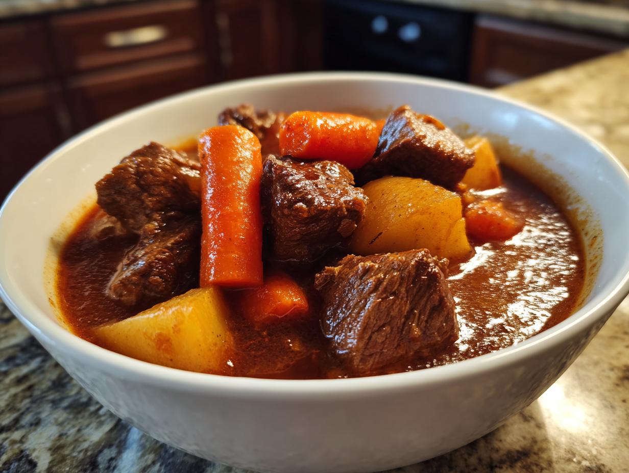 A close-up of a white bowl filled with rich, savory crockpot beef stew featuring tender beef chunks, carrots, and potatoes.