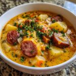 A close-up view of a creamy, cheesy kielbasa potato soup garnished with fresh parsley.