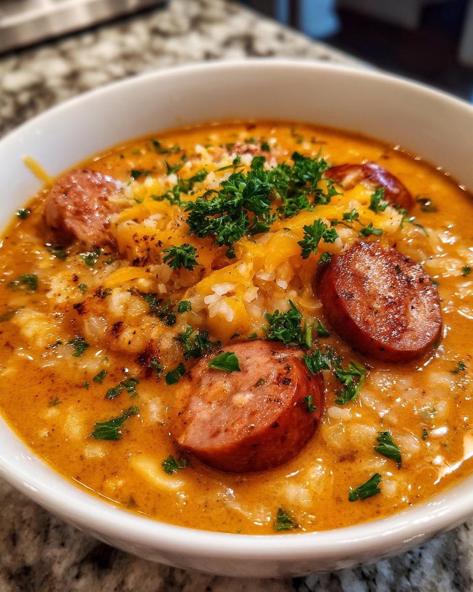 Close-up of a bowl of hearty kielbasa potato soup topped with shredded cheese and fresh parsley.