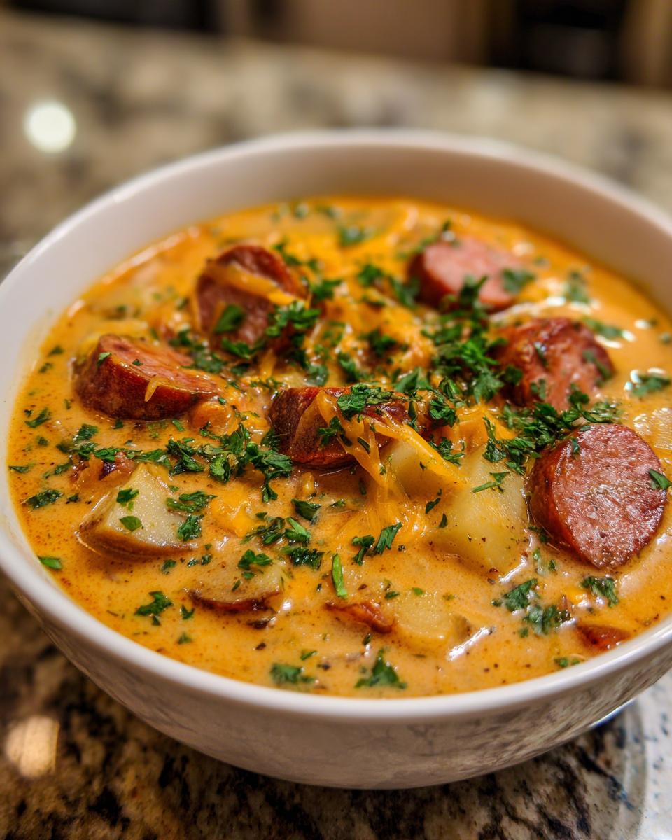 A close-up of a creamy, orange-hued kielbasa potato soup topped with melted cheese and fresh parsley.
