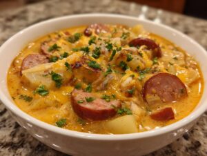 Close-up of a creamy, cheesy kielbasa potato soup topped with fresh parsley in a white bowl.