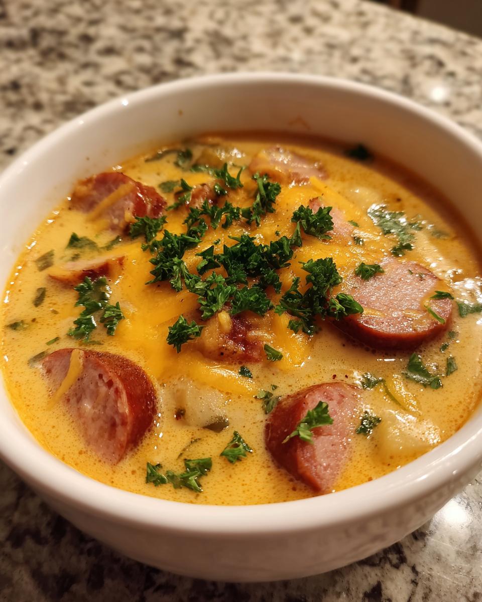 Close-up of a white bowl filled with creamy kielbasa potato soup, topped with melted cheddar cheese and fresh parsley.