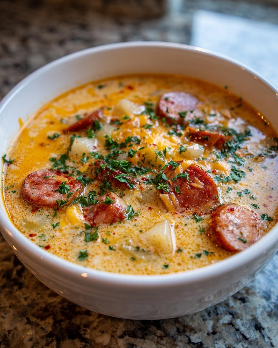 Close-up of a hearty kielbasa potato soup, rich with sliced sausage, potatoes, and topped with parsley.