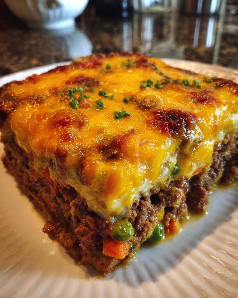 Close-up of a serving of meatloaf casserole topped with melted cheddar cheese and parsley.