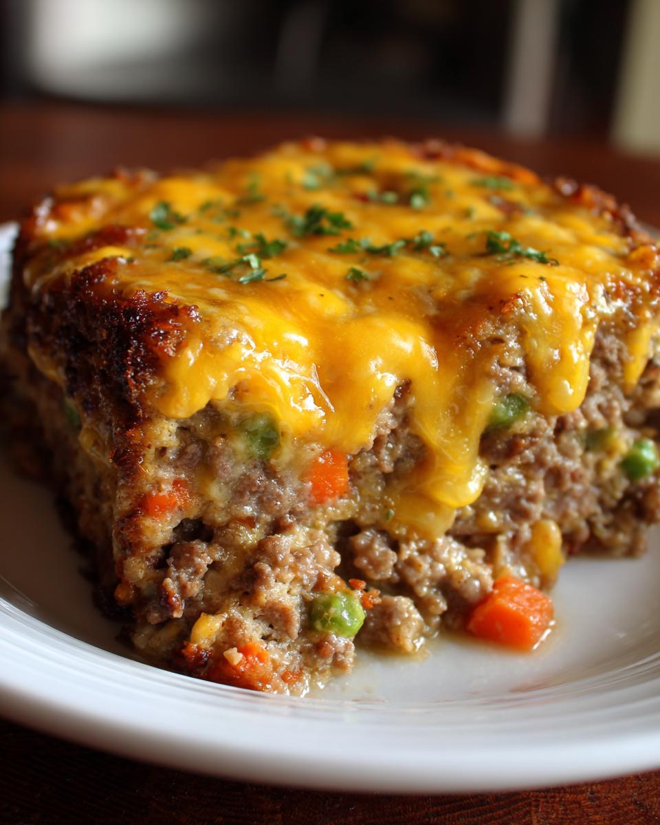 A close-up of a square slice of meatloaf casserole topped with melted cheddar cheese and parsley.