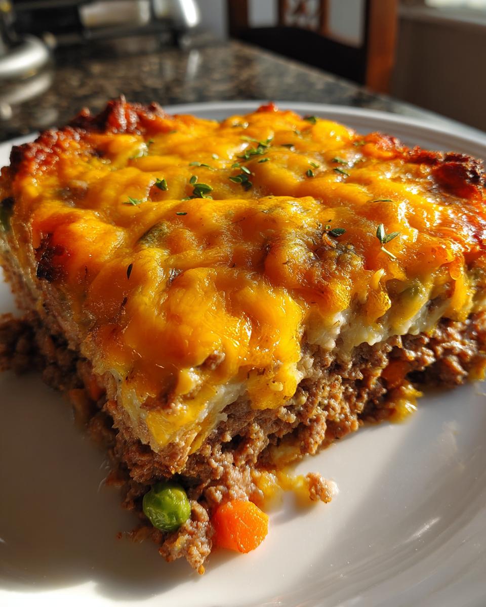 A close-up slice of hearty meatloaf casserole topped with melted cheddar cheese and fresh herbs.