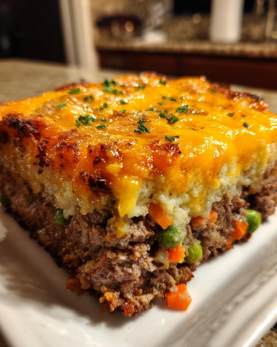 A thick slice of meatloaf casserole featuring a layer of ground meat, vegetables, mashed potatoes, and melted cheddar cheese.