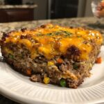 Close-up of a thick slice of meatloaf casserole topped with melted cheddar cheese and parsley.