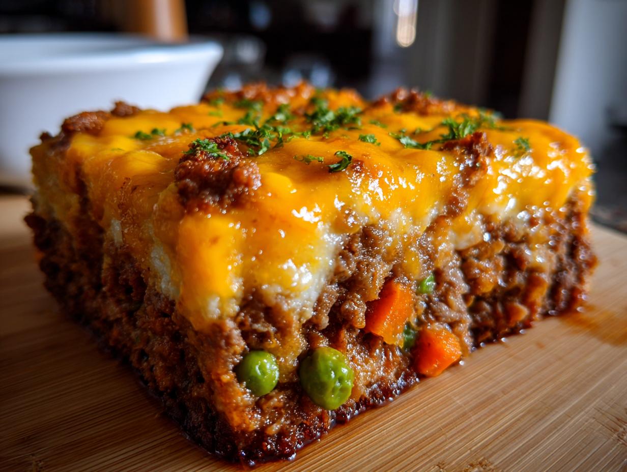 A close-up of a thick slice of meatloaf casserole topped with mashed potatoes and melted cheddar cheese.