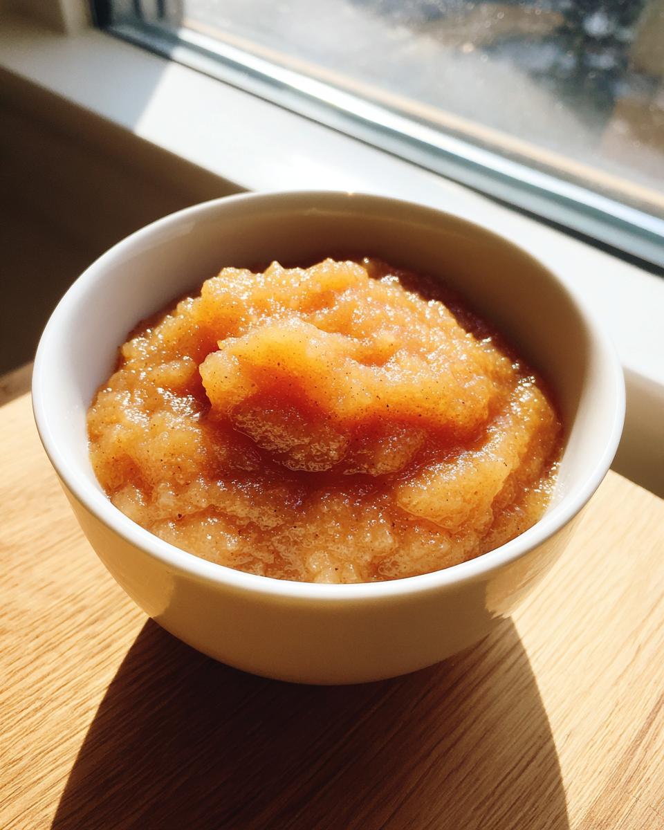 A close-up of chunky, spiced applesauce served in a white bowl, brightly lit by sunlight near a window.