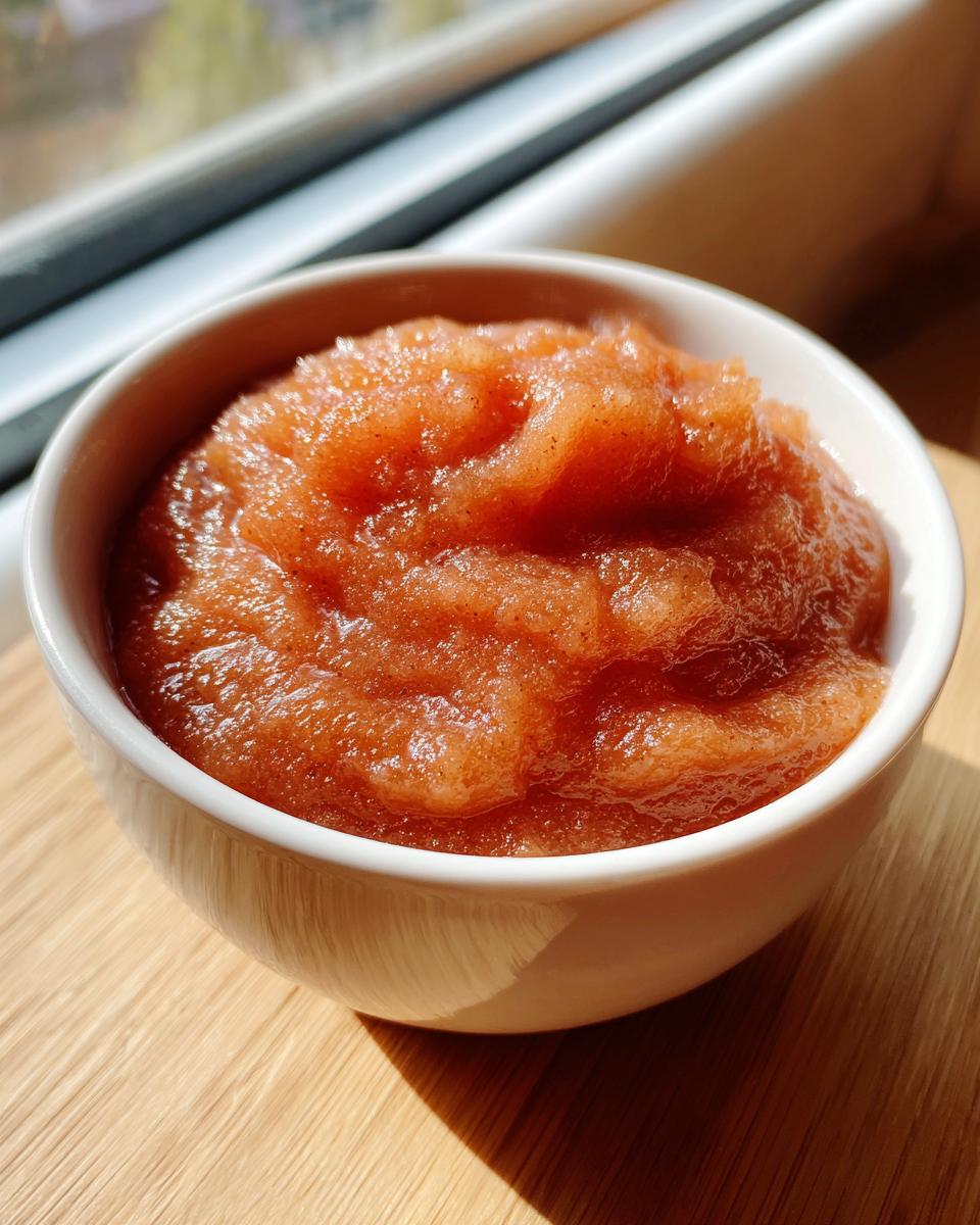 Close-up of chunky, spiced applesauce served in a small white bowl on a wooden surface.