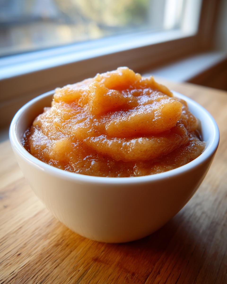 A close-up view of chunky, spiced applesauce served in a small white bowl on a wooden surface.