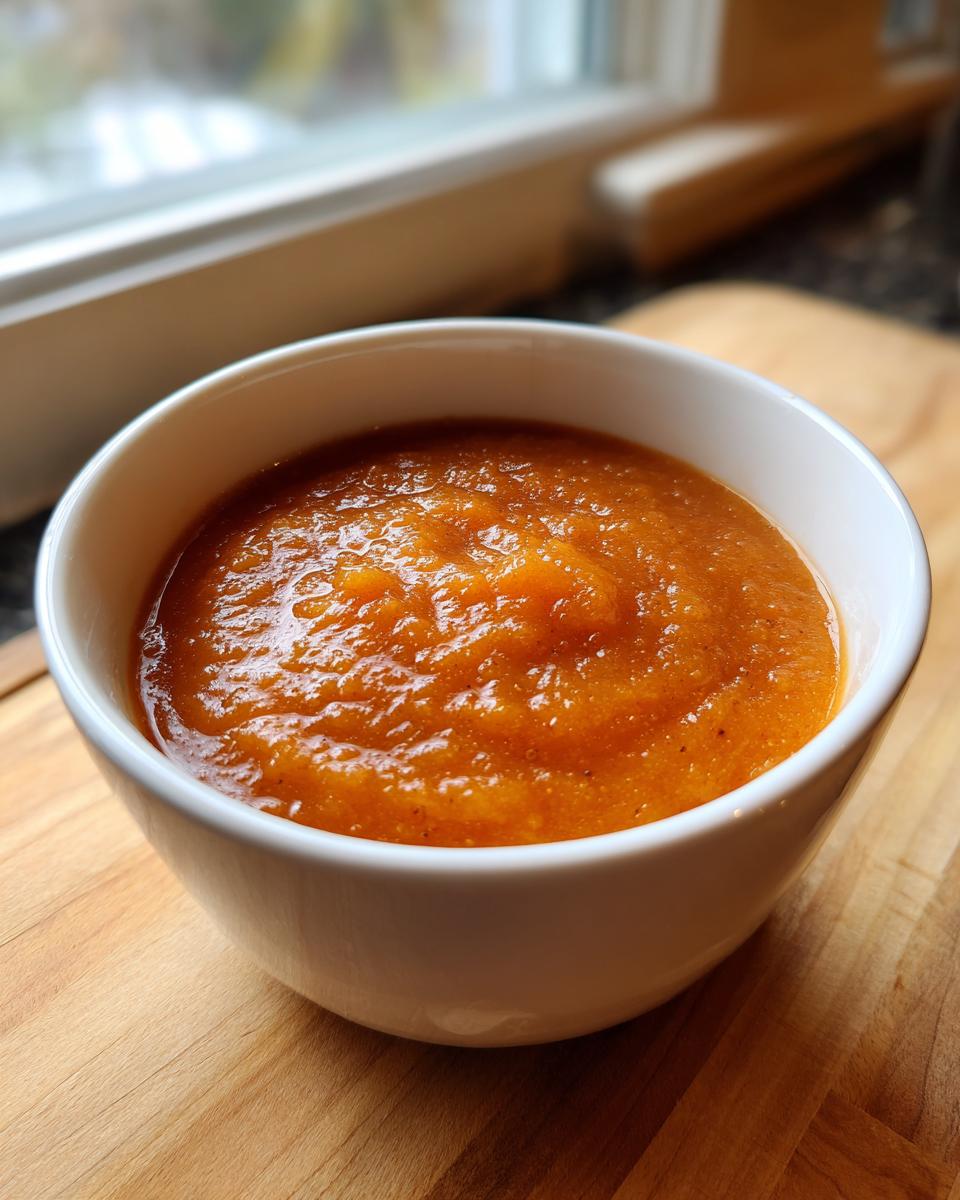 A close-up of rich, textured homemade applesauce served in a small white bowl on a wooden cutting board.