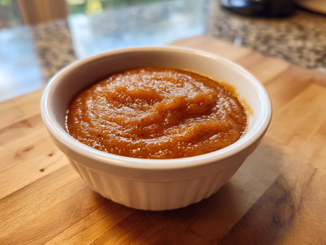 Close-up of rich, spiced applesauce served in a small white bowl on a wooden cutting board.