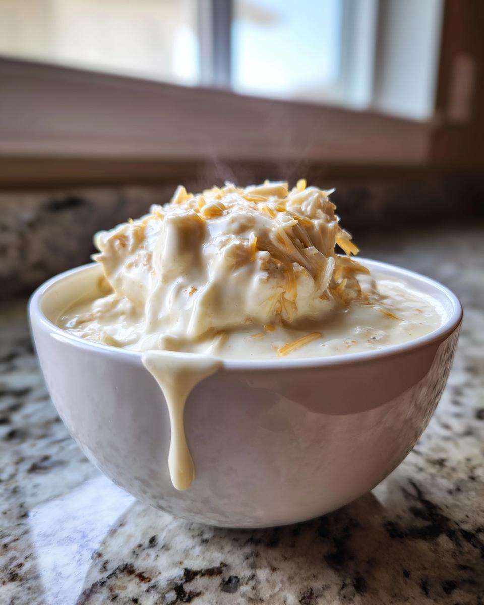 A thick, steaming bowl of homemade cream of chicken soup topped with shredded cheese, dripping down the side.