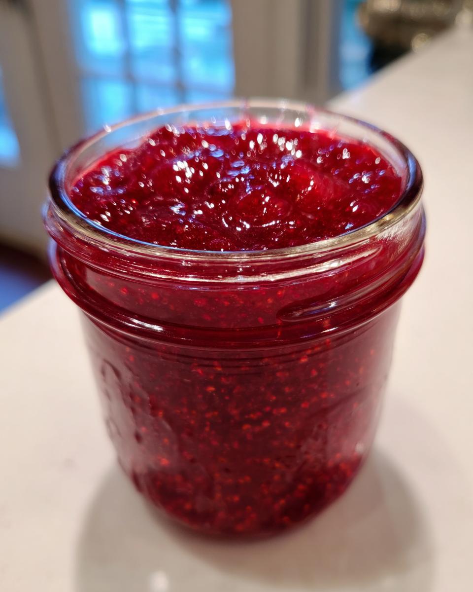 Close-up of a glass jar filled with glistening, deep red homemade raspberry jam showing visible seeds.