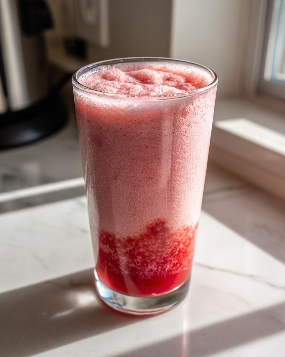 A tall glass filled with freshly blended, frothy strawberry milk resting on a white marble surface.