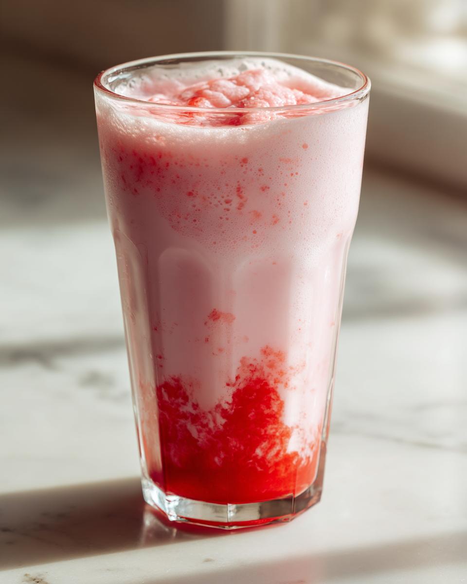 A tall glass filled with layered pink and red homemade strawberry milk, showing foam on top.