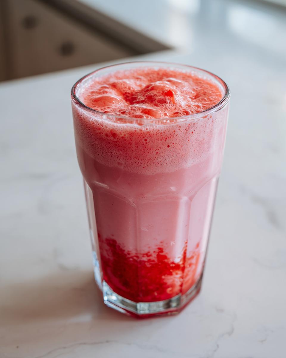 A tall glass filled with frothy pink strawberry milk, showing a layer of bright red strawberry puree at the bottom.