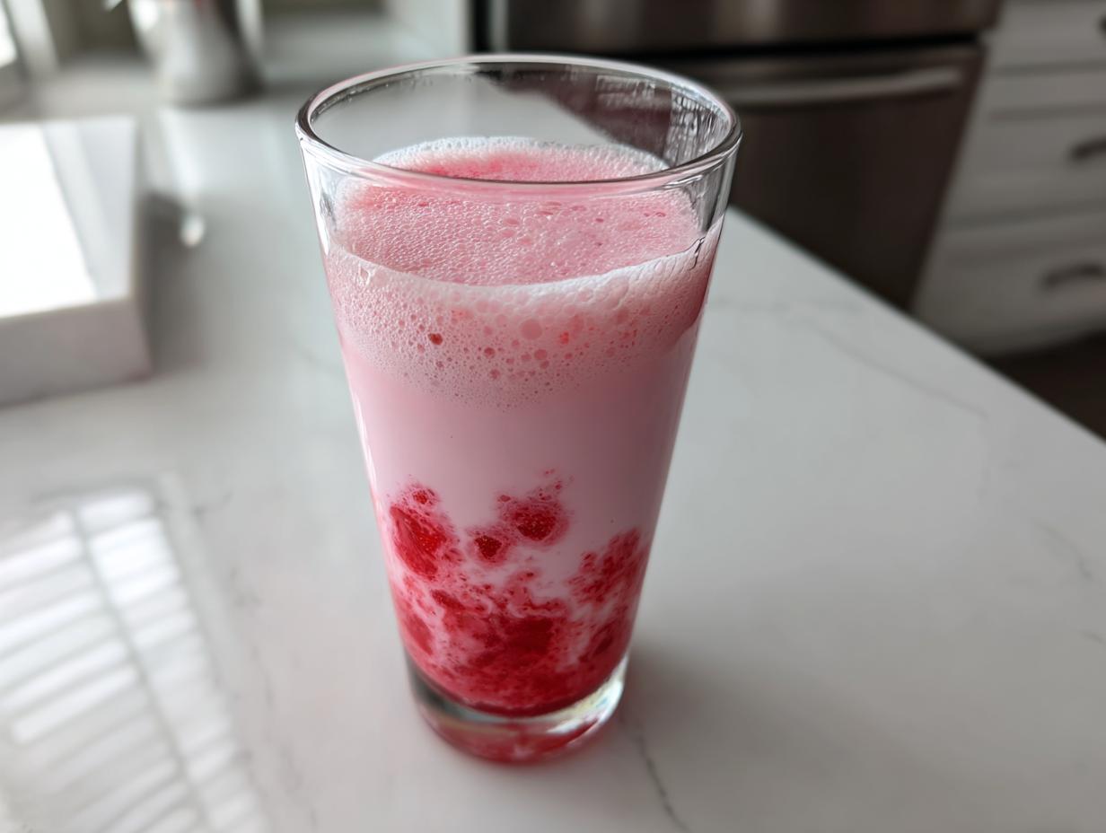 A tall glass filled with pink homemade strawberry milk, showing rich red strawberry puree settling at the bottom.