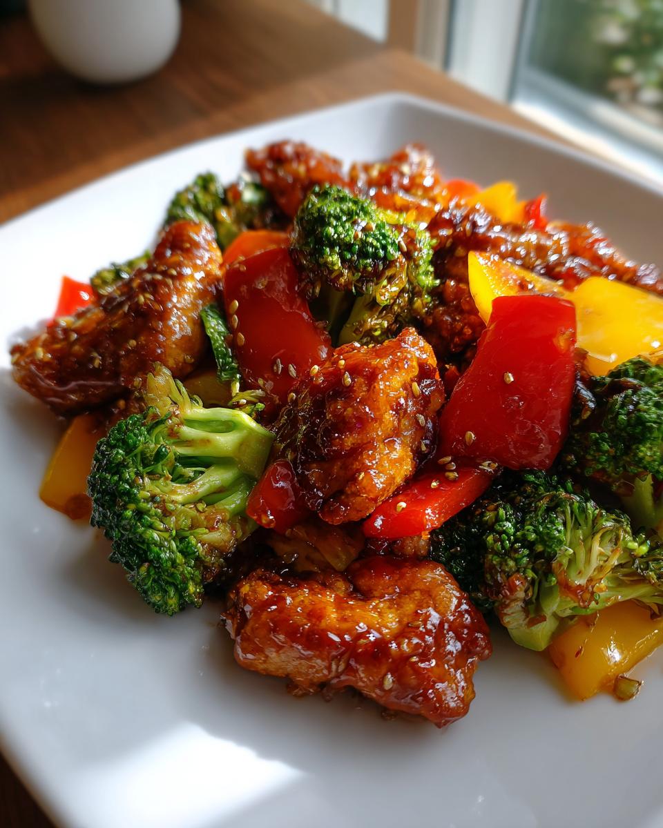 Close-up of glossy honey garlic chicken stir fry pieces mixed with bright green broccoli and red/yellow bell peppers.