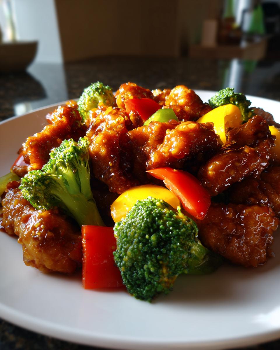 Close-up of glossy, saucy honey garlic chicken stir fry mixed with bright green broccoli florets and colorful bell peppers.