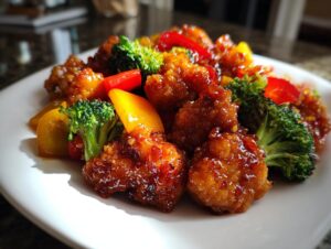 Close-up of crispy chicken pieces coated in sticky honey garlic sauce with bright broccoli and bell peppers.