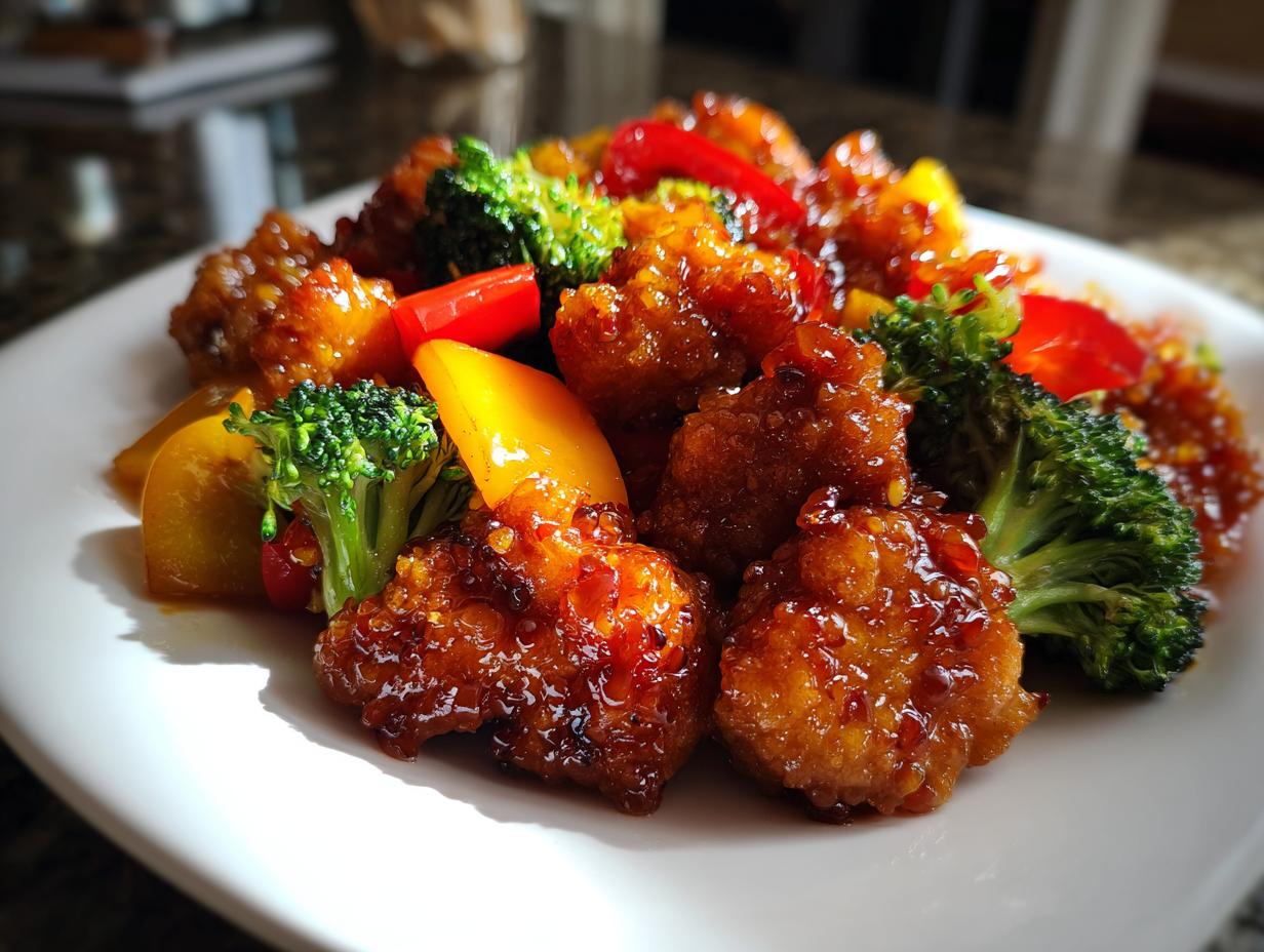 Close-up of crispy chicken pieces coated in sticky honey garlic sauce with bright broccoli and bell peppers.