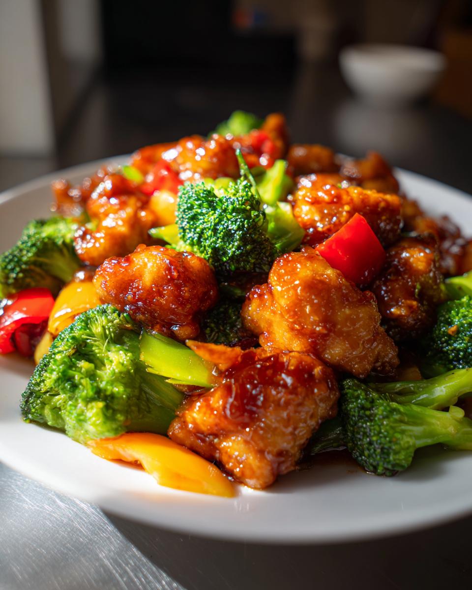 Close-up of glossy, glazed chicken pieces mixed with bright green broccoli and red peppers in a honey garlic chicken stir fry.